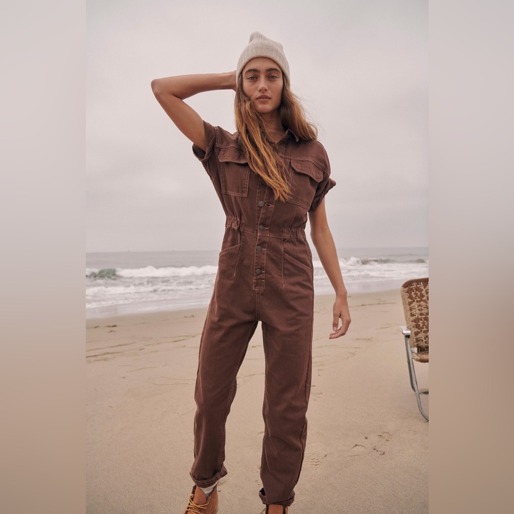 Free People Marci Coverall Jumpsuit Chocolate Brown Button-Up XL Utility